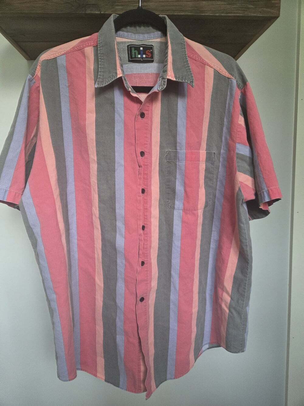 Vtg H.I.S. Pink Blue Grey Striped Short Sleeve Button-Down Shirt Men's L Retro